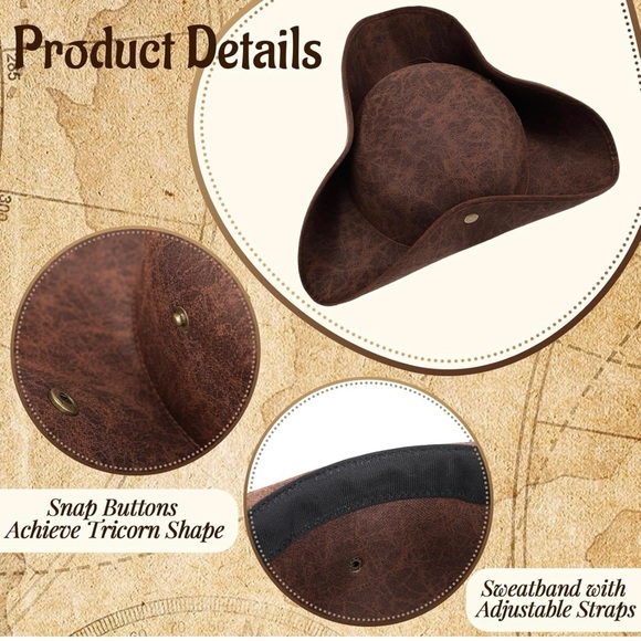 Pirate Hat for Women Men Colonial Tricorn Hat Halloween Pirate Costume 3PC - Picture 3 of 12